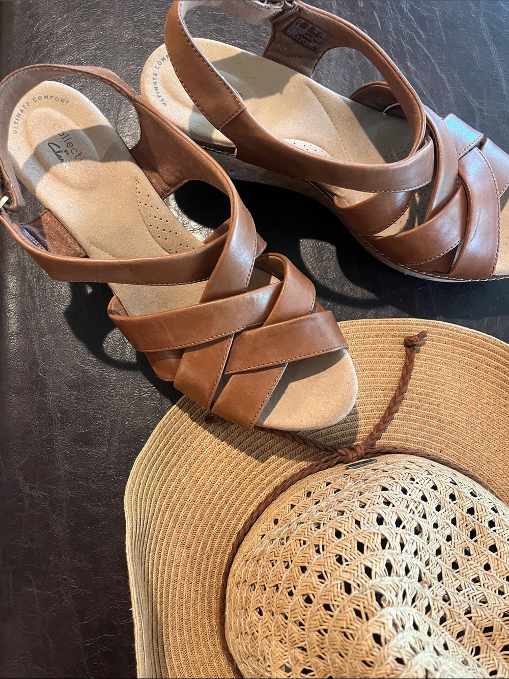 Clarks Tan Leather Crisscross Strap Wedge Sandals